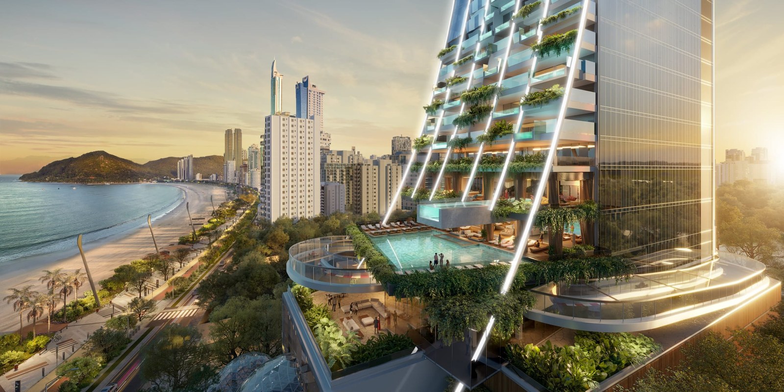 Perspectiva do Senna Tower com área de lazer, piscina e vista para a orla de Balneário Camboriú