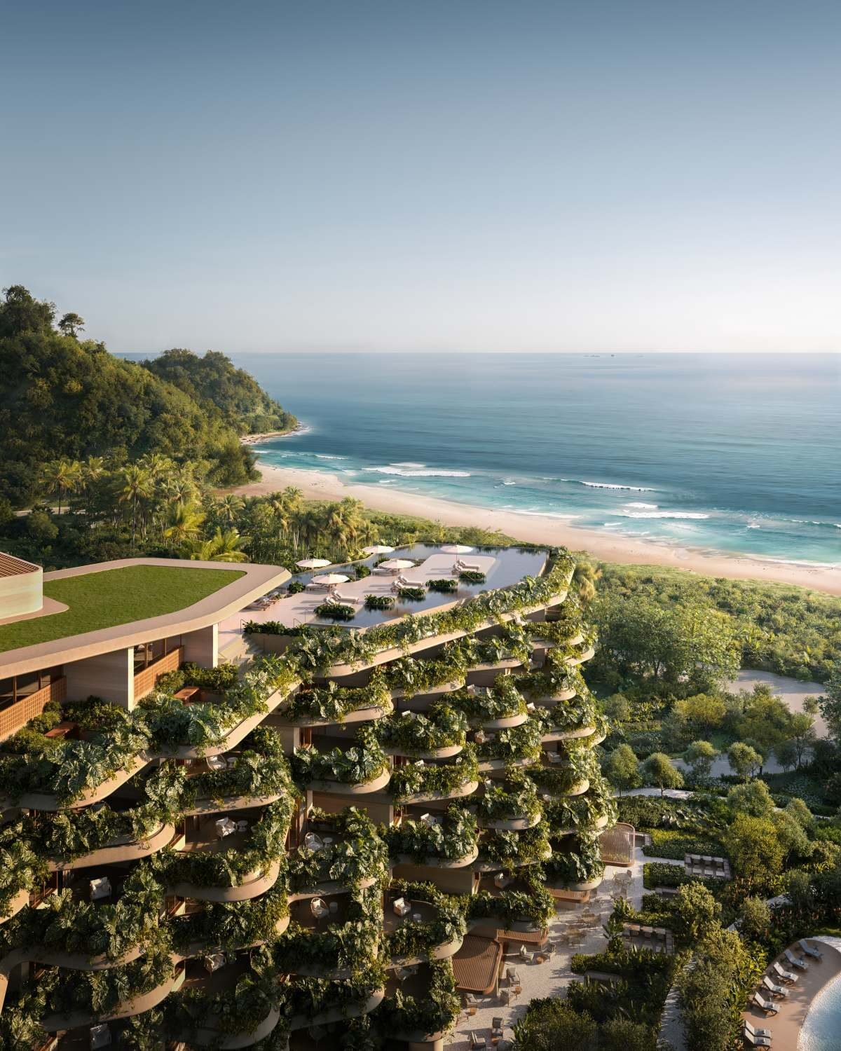 Perspectiva aérea do Tempo com terraços plantados voltados para a Praia Brava e a Mata Atlântica