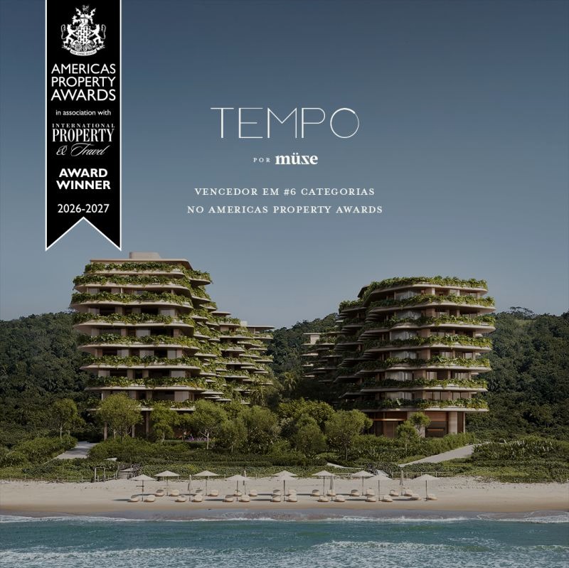 Arte da Müze com o selo Award Winner 2026-2027 do Americas Property Awards sobre a perspectiva das torres do Tempo na Praia Brava