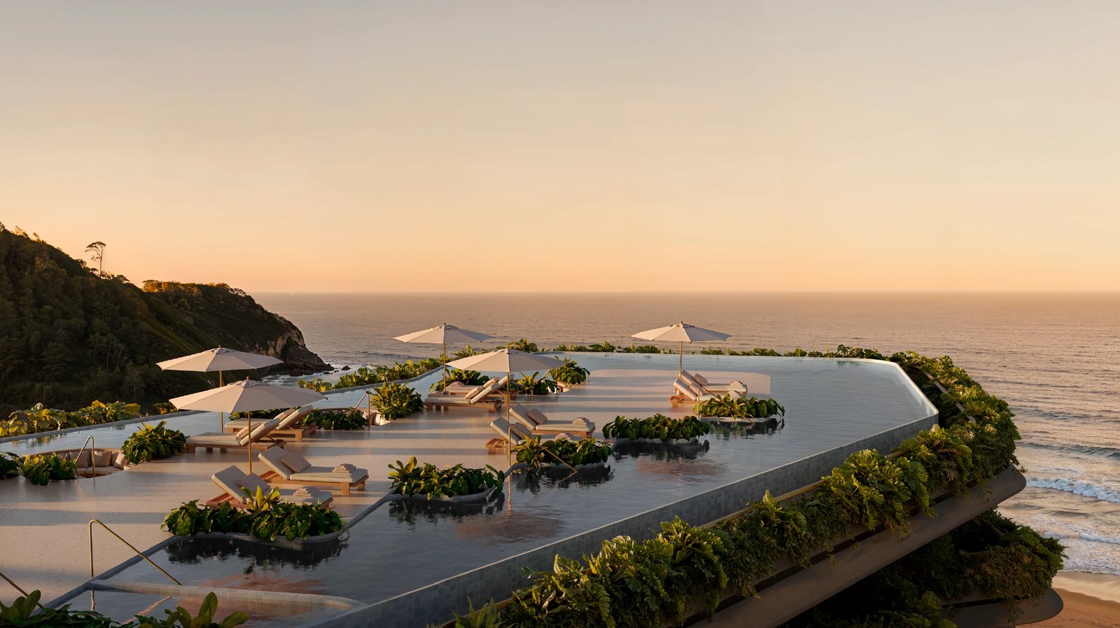 Perspectiva do rooftop do hotel do Tempo com piscina e espreguiçadeiras voltados para o mar da Praia Brava